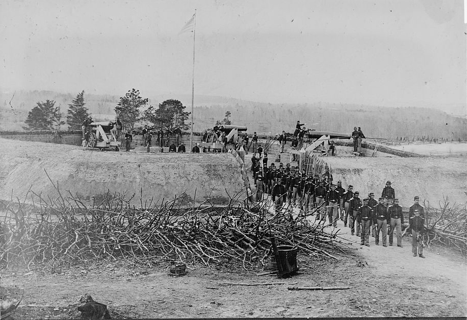 Union troops posing by Fort Stevens