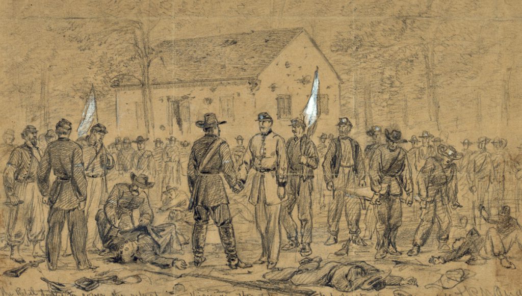 Flag of Truce after the Battle of Antietam in order to collect the wounded. Sketch by Alfred Waud, September 1862. Courtesy of the Library of Congress