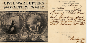Book cover of the forthcoming "Between Home and the Front," and a letter from Clara Barton to the Walters Family from the collection of the National Postal Museum